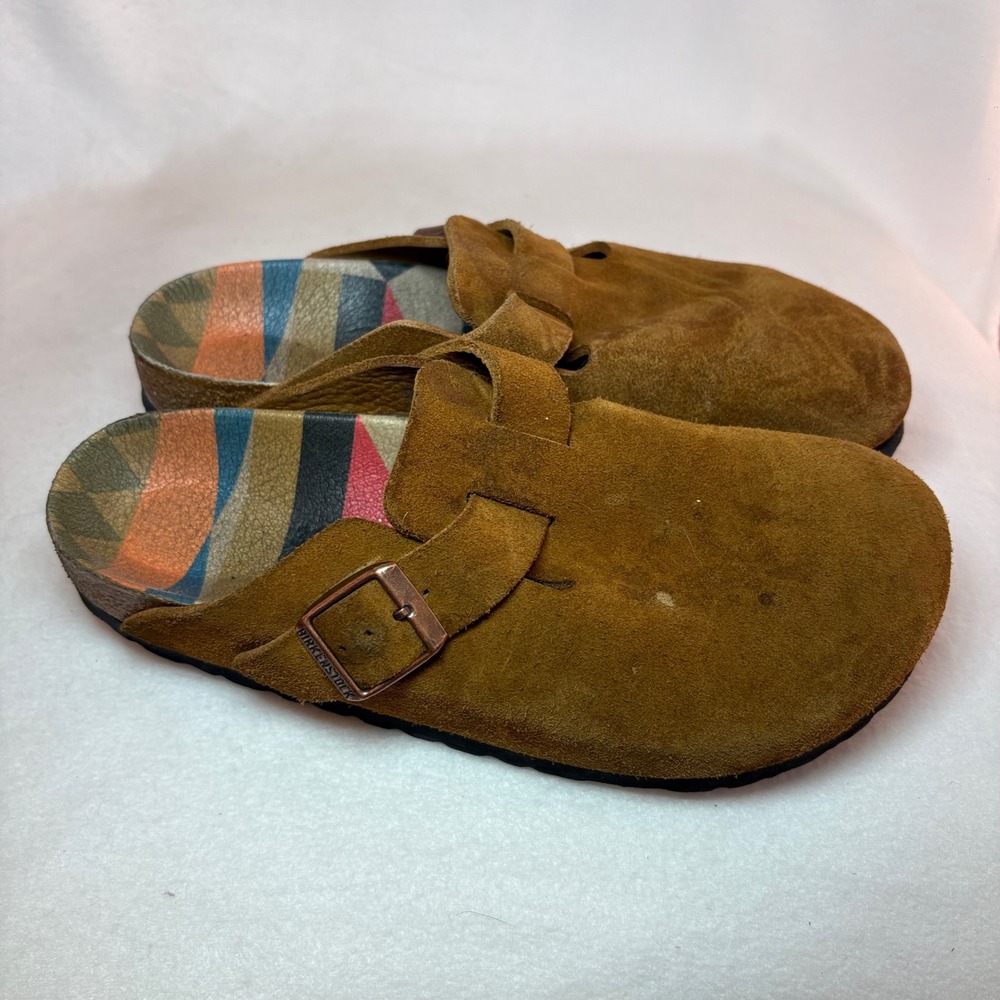 Birkenstock Boston Suede Clogs Brown Tobacco Multi Color Pattern Footbed Womens - Picture 2 of 6